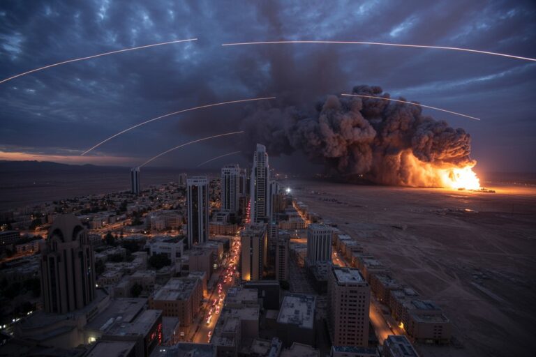 Aerial view of a coastal city at dusk as a large explosion erupts on the right, sending dark smoke and fire; curved light trails arc across the sky.