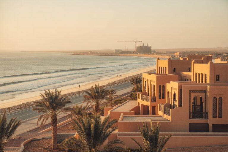 Warm-toned coastal scene with beige resort buildings, palm trees, and a sandy beach along calm sea at sunset.