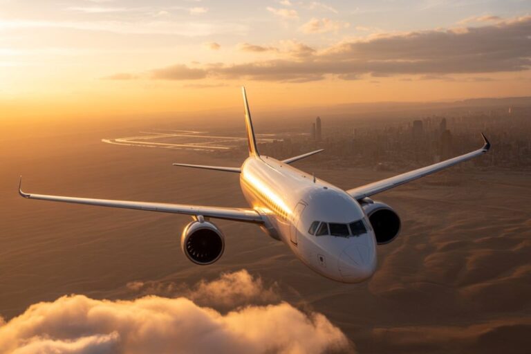 Commercial airplane flying above desert with city skyline at sunset, golden light hitting the fuselage, wings spread wide.
