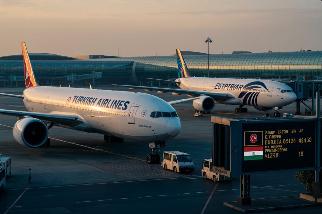 Two passenger jets, Turkish Airlines and EgyptAir, are parked at a gate with a jet bridge and airport signage nearby at sunset/dusk mode