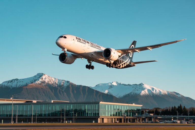 Air New Zealand plane lifting off at an airport with snow-capped mountains in the background.