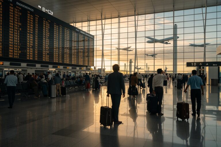 Airport terminal concourse with a large flight information board and people waiting with suitcases during sunset outside glass walls.