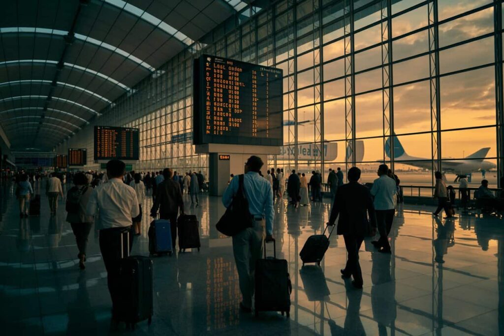 Busy airport terminal at sunset, travelers with rolling suitcases walk past large glass walls and departure boards outside planes visible through the windows.