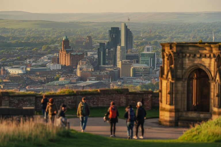 Hikers on a hilltop path at sunset, with a historic stone arch on the right and a distant modern city skyline beyond.