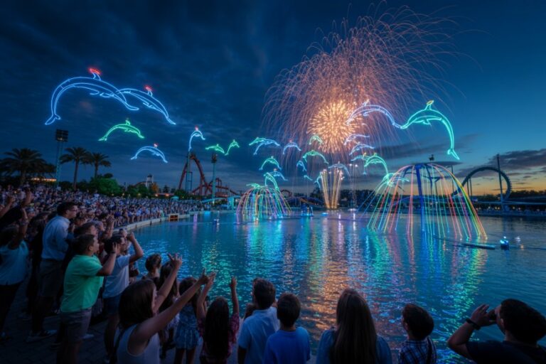 Crowd watching a nighttime water show with colorful neon-lit arches and fireworks over a pool.
