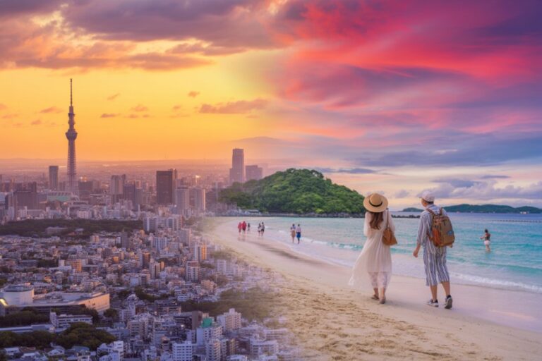 Couple walking along a sandy beach at sunset with a city skyline on the left and turquoise sea on the right.