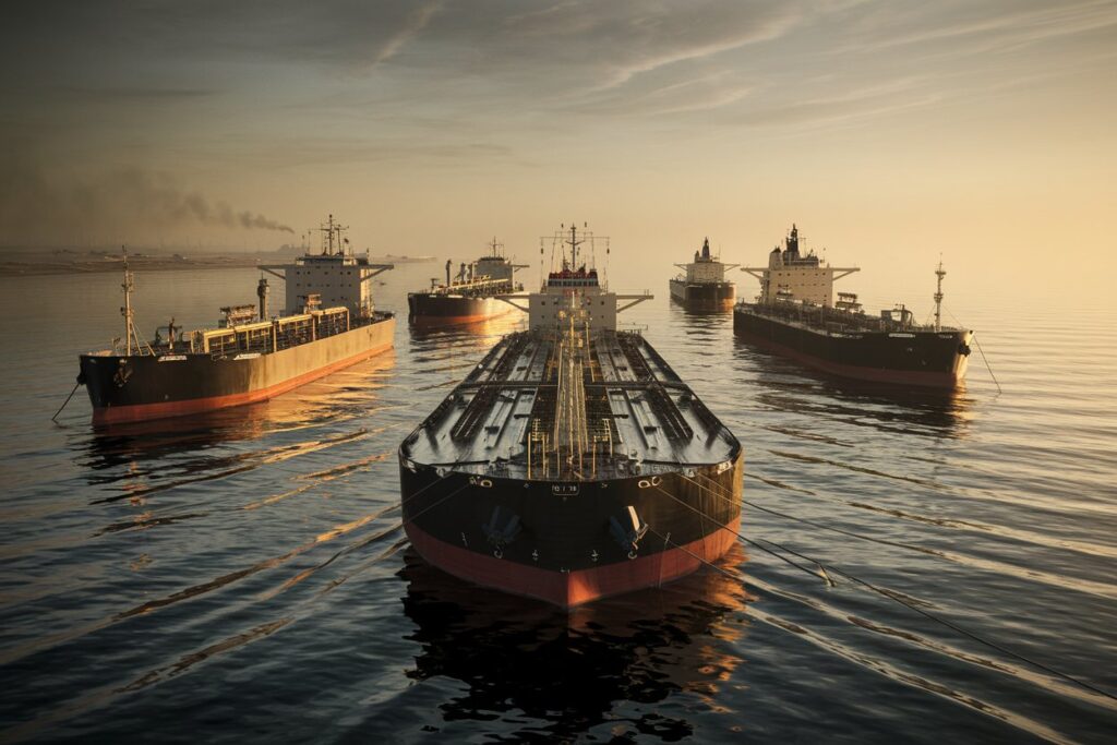 A fleet of large cargo ships moored in calm water at sunset, with warm light reflecting off the hulls.