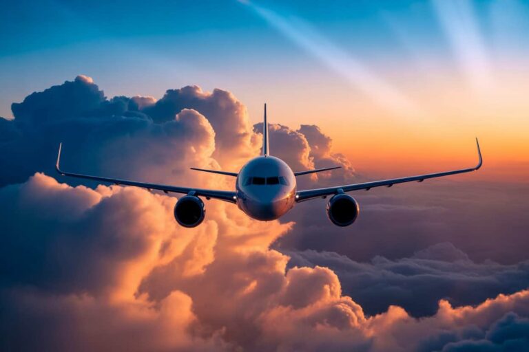 Passenger airplane flying toward camera above sunlit clouds at sunset.
