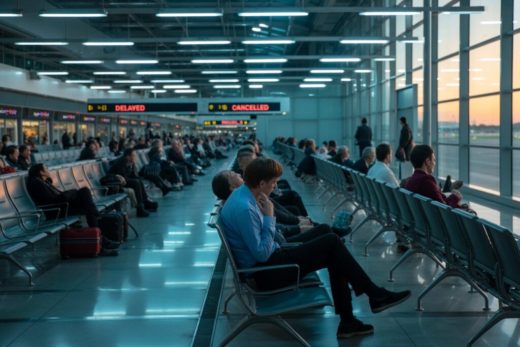 Airport terminal waiting area with rows of seats and a digital board showing delayed and cancelled flights.