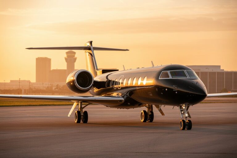Luxurious black private jet on tarmac at sunset with city buildings in the background.