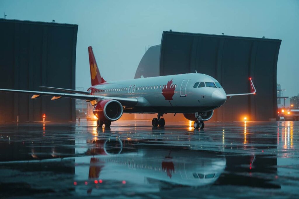 Canada-themed passenger jet parked on a wet airport apron with reflection in puddles and large hangars in the background.