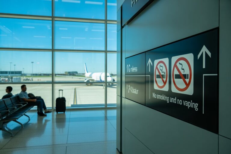 Airport terminal seating with two passengers and a suitcase, large glass wall showing a plane on the tarmac outside, and a no smoking/no vaping sign on the wall.