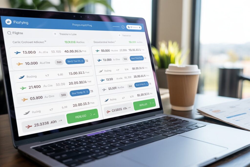 Laptop screen showing a flight booking dashboard with multiple routes and prices.