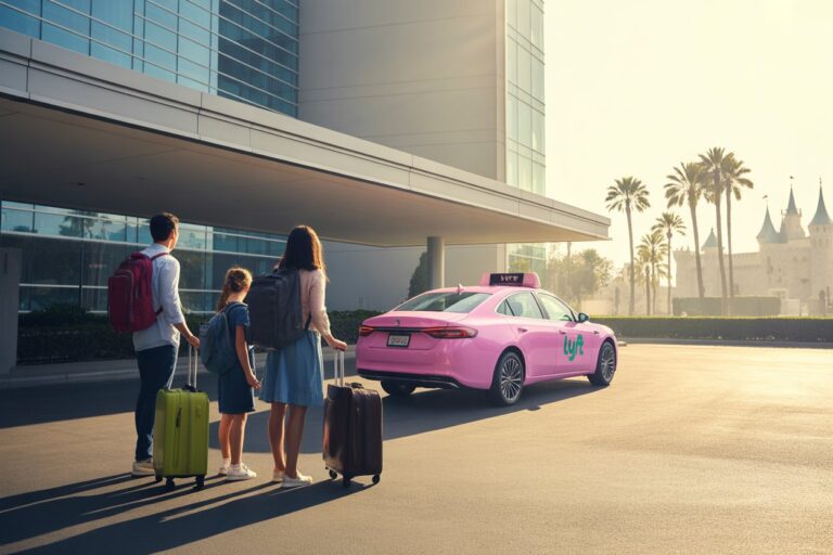 Family with rolling luggage waits for a pink Lyft taxi outside a glass-front building at sunset/sunlight area with palm trees nearby.