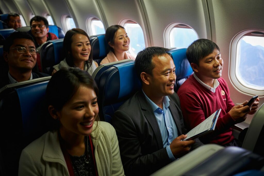 Group of diverse passengers sitting in blue airplane seats, smiling and chatting by the windows.