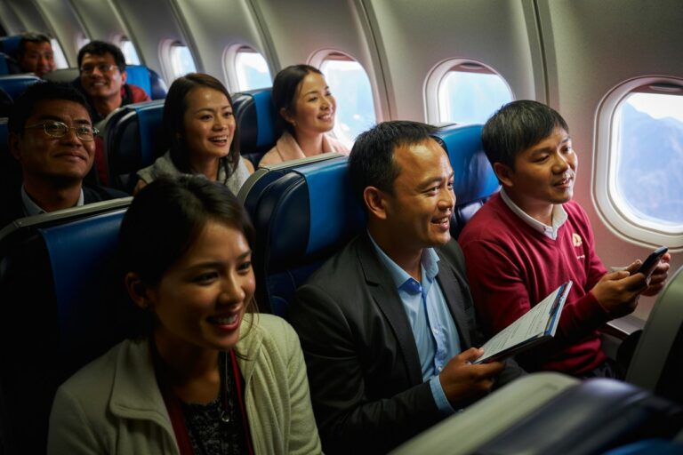 Group of diverse passengers sitting in blue airplane seats, smiling and chatting by the windows.