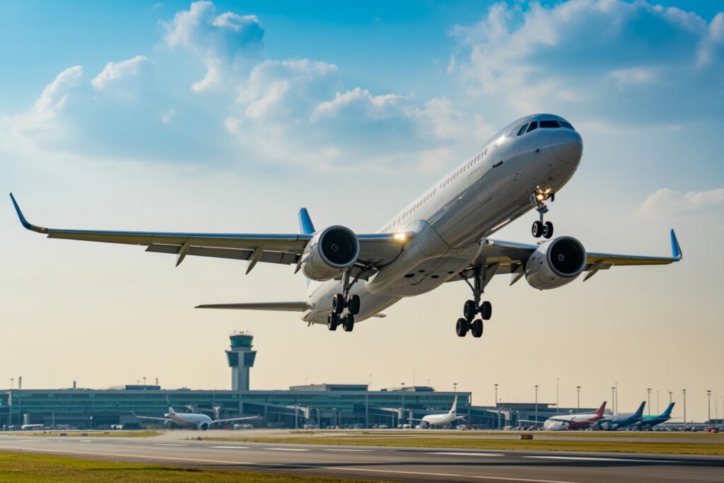 Commercial airliner lifting off from the runway at a busy airport, with the control tower and terminal buildings in the background.