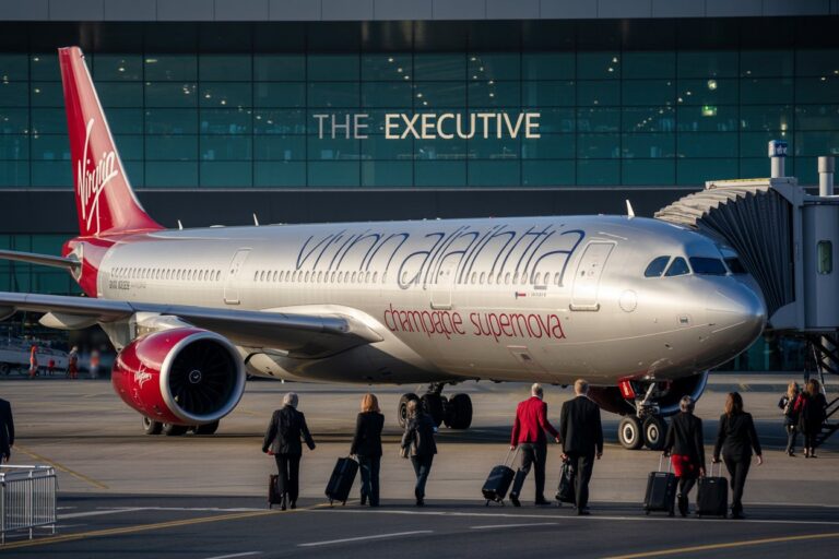 Virgin Atlantic jet at the gate with jet bridge, passengers with rolling suitcases walking toward the aircraft; plane reads 'Champagne Supernova' and 'The Executive' on the side and terminal behind.