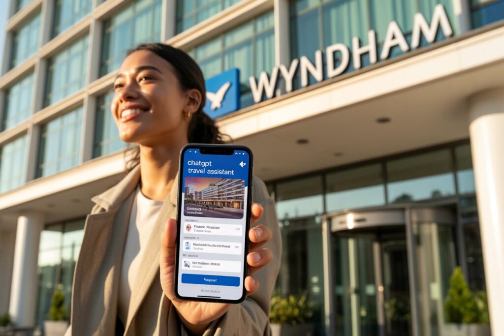 Smiling woman stands outside a Wyndham hotel, holding up a smartphone that shows a travel assistant app on the screen.