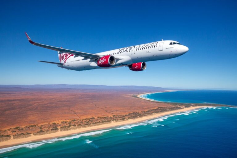 Virgin Australia airplane in mid-flight over a red desert coastline and blue ocean mist.