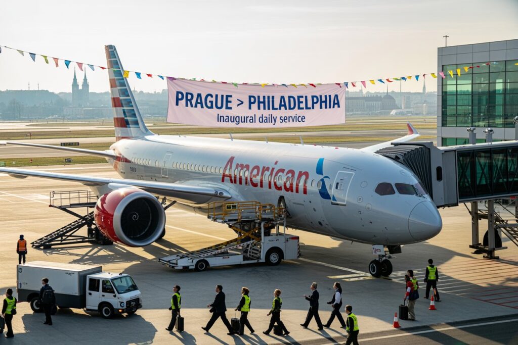 American Airlines jet at gate with a banner announcing Prague > Philadelphia inaugural daily service; ground crew walks on the tarmac under a jet bridge.