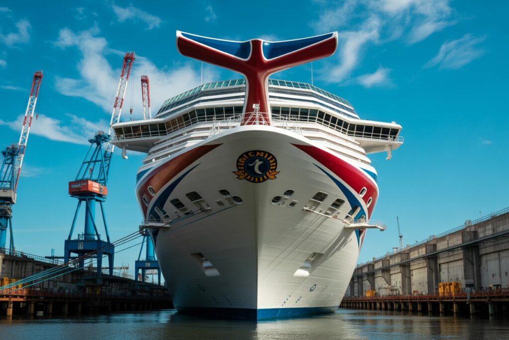 Front view of a large white cruise ship docked in a shipyard, with blue sky and tall cranes in the background.