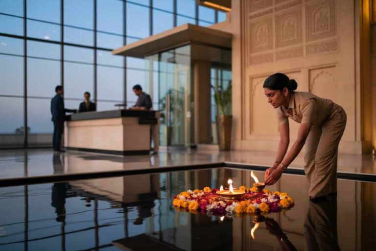 Woman in a beige uniform lights a ceremonial lamp surrounded by marigold petals on a reflective water feature in a hotel lobby.
