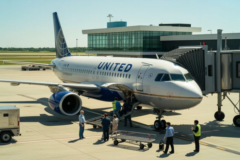 United Airlines jet at a gate with a connected jet bridge and ground crew unloading luggage on the tarmac