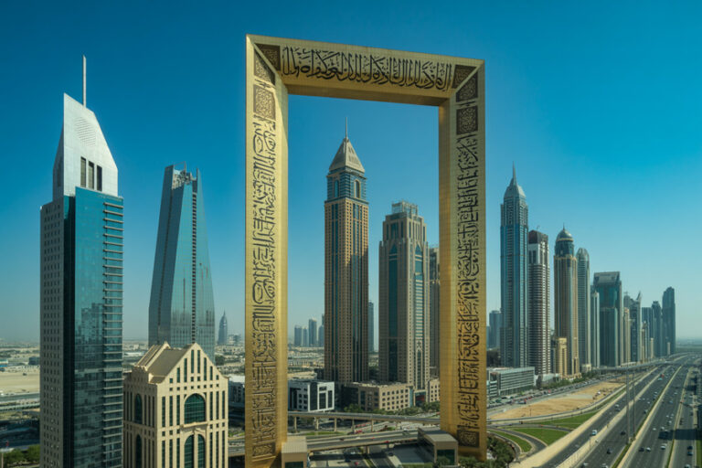 Golden Dubai Frame arches over a city of tall glass skyscrapers on a clear day, framing the skyline.