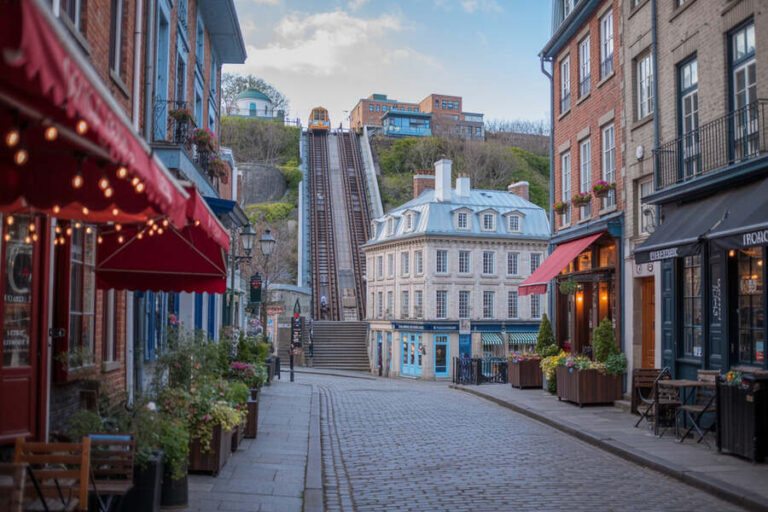 Cobblestone street in a quaint town with brick buildings, red awnings, and outdoor seating; a steep funicular climbs the hill in the background.