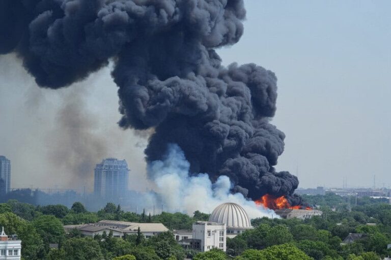 Massive black smoke and flames rise from a fire near a city skyline, with a white domed building in the foreground.