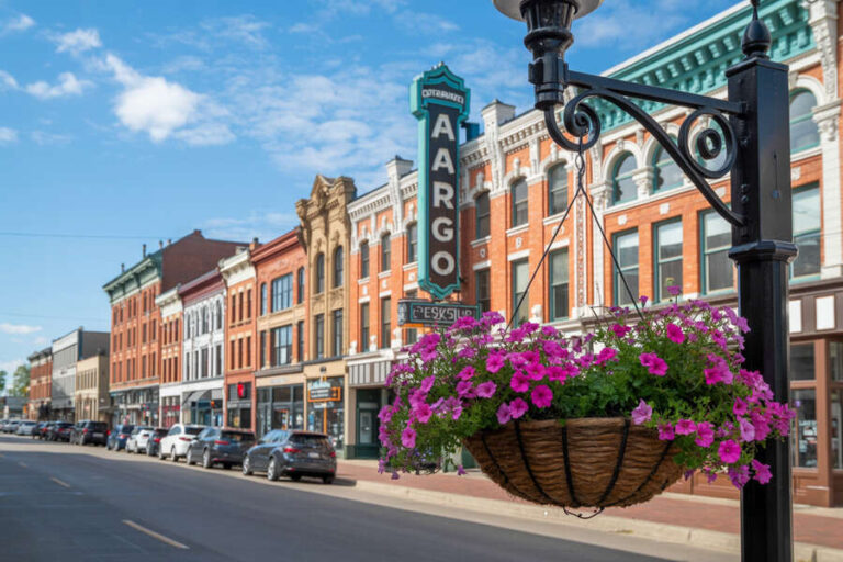 Downtown street lined with colorful brick storefronts and a hanging basket of pink flowers in the foreground.