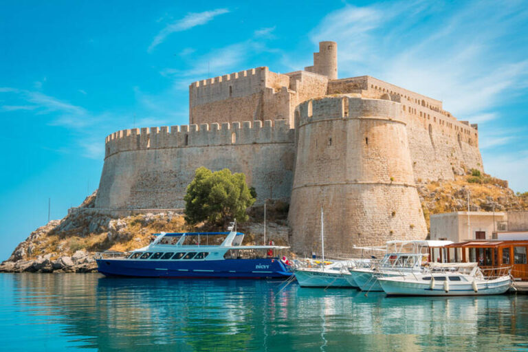 A stone castle sits on a rocky promontory overlooking a calm harbor with moored boats and a blue sky above.