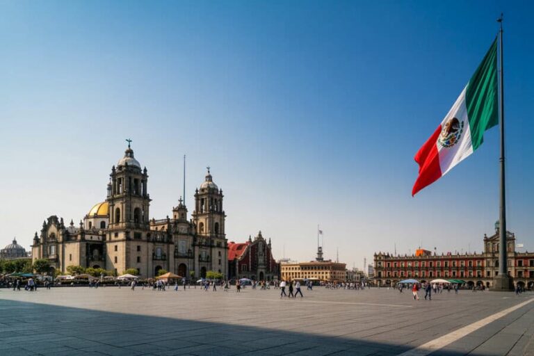 Metropolitan Cathedral and a plaza with a large Mexican flag flying on a tall pole, sunny day with people walking around the historic center.