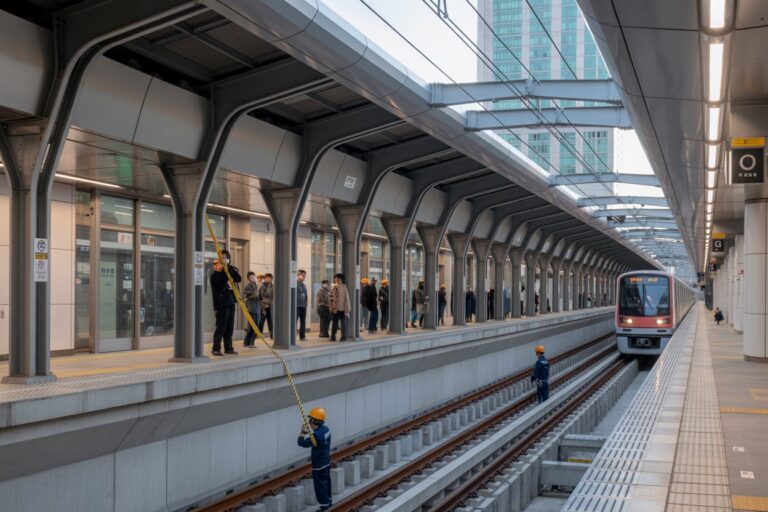 Maintenance crew in orange helmets handle a long rope over the tracks while passengers wait on a modern urban platform as a train approaches.