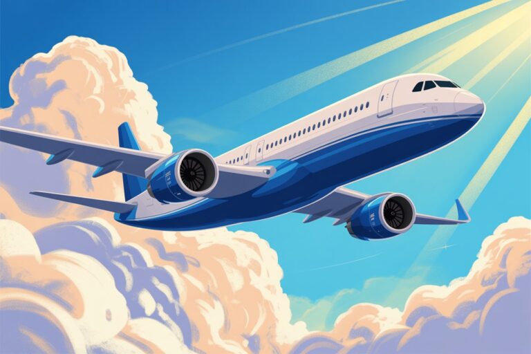 Commercial airliner soaring above fluffy clouds against a bright blue sky with sunlit rays.