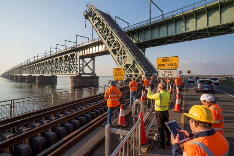 Bridge maintenance crew in orange vests work on a raised drawbridge beside a busy road with cones and signs by the water's edge.