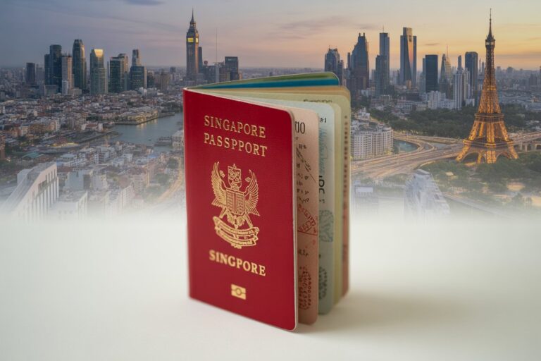 Close-up of a red Singapore passport with other passports in a stack, against a blurred city skyline at sunset in the background.