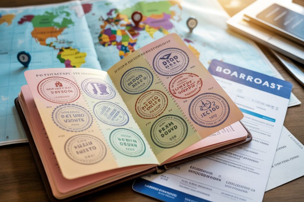 Open passport with colorful stamp impressions on a travel planning desk, beside a world map and boarding documents.