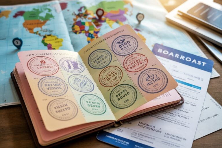 Open passport with colorful stamp impressions on a travel planning desk, beside a world map and boarding documents.