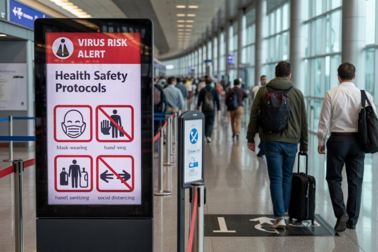 Airport corridor with a large display sign: Virus Risk Alert and Health Safety Protocols, including icons for mask-wearing, hand washing, hand sanitizing, and social distancing.