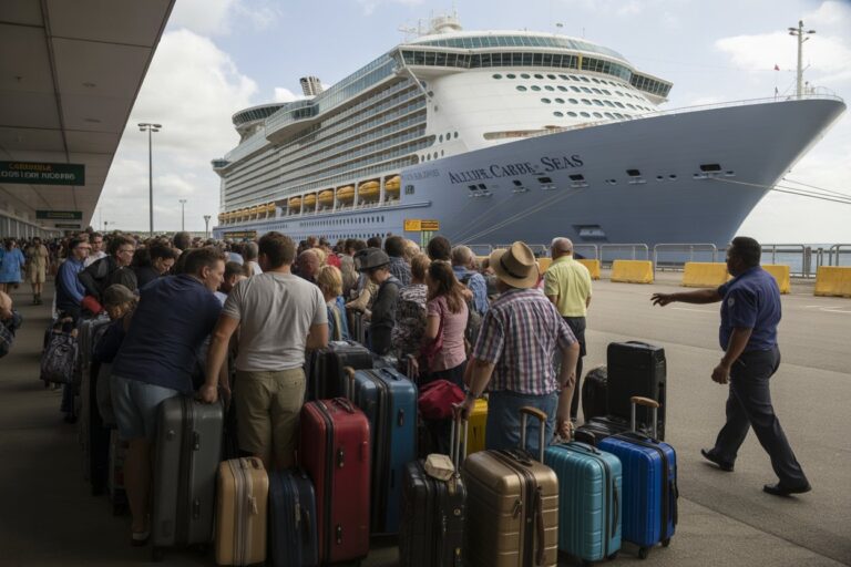 Crowd of travelers with rolling suitcases lined up at a port as a large cruise ship looms in the background.