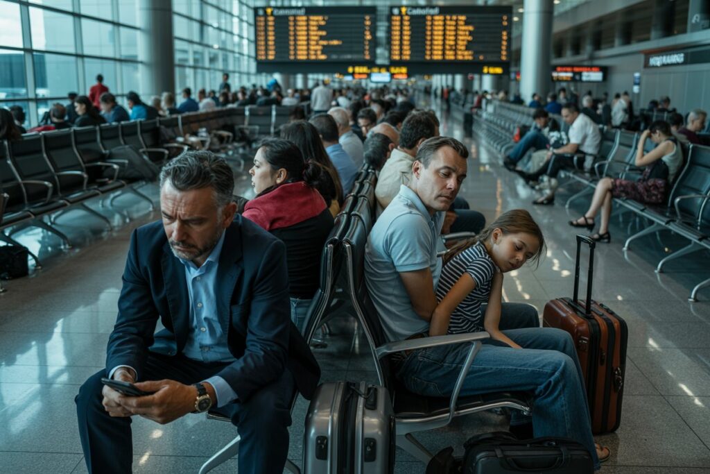 Crowded airport terminal with travelers seated; foreground shows a man in a suit looking at his phone while a father and sleeping daughter sit with a suitcase.
