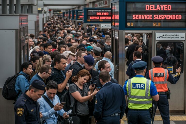 Crowded subway platform with a long line of travelers and a train labeled Delayed Service Suspended ahead. Police and LIRR officers monitor the scene.