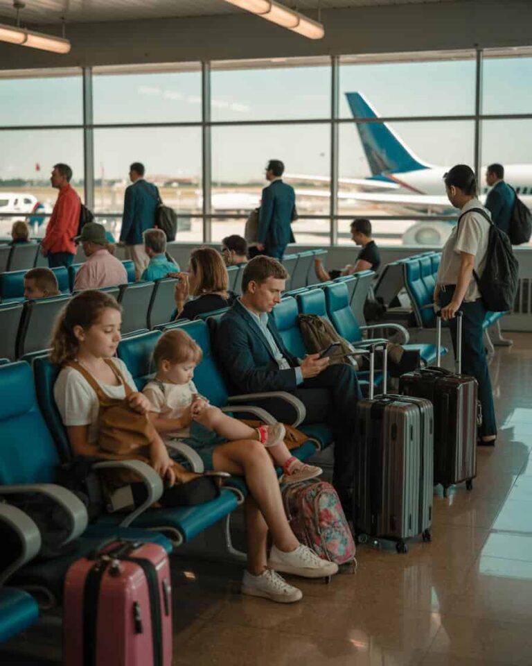 People waiting in an airport terminal with luggage, a man uses a phone while a child sits on a woman's lap and peers around the seating area, plane visible outside window.
