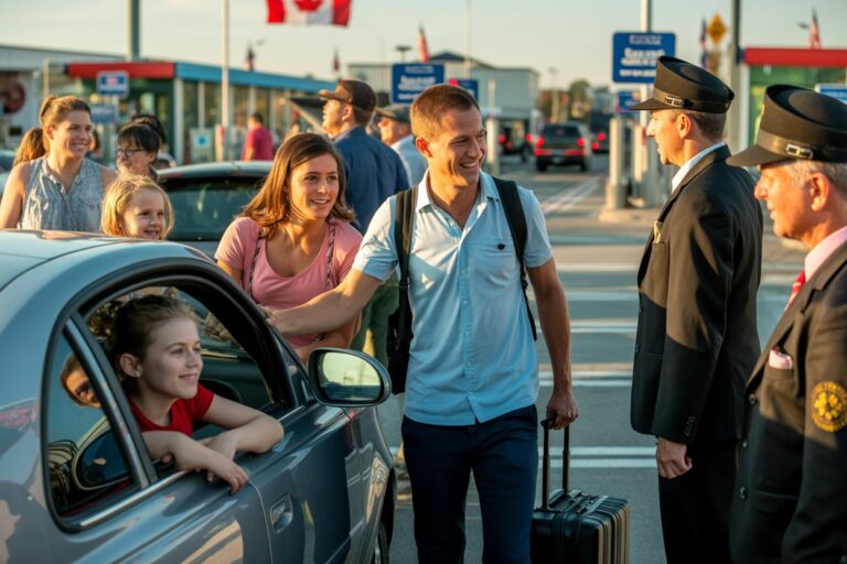 Smiling family greets a man with a rolling suitcase as he shakes hands with a driver by a blue car at a busy airport curb.
