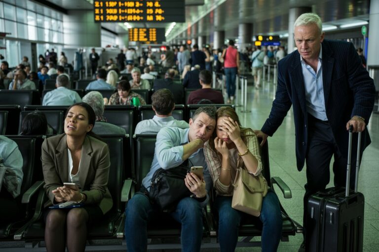 A couple sits closely on an airport bench, looking worried while checking a smartphone as a man with a rolling suitcase stands nearby.