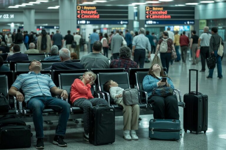Airport terminal with travelers seated in rows of chairs; signs show delays and cancellations in the background.