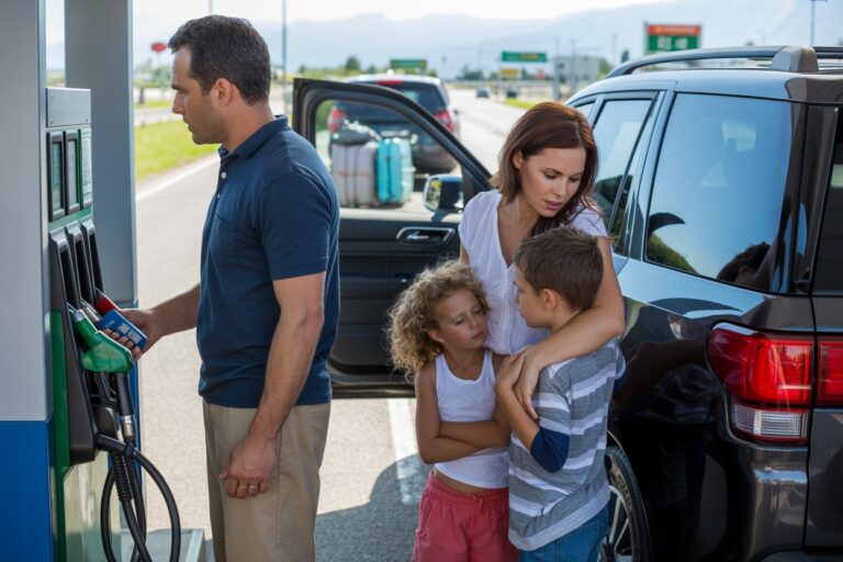 Father refuels a car while standing at the pump as a mother hugs her two children beside the vehicle.