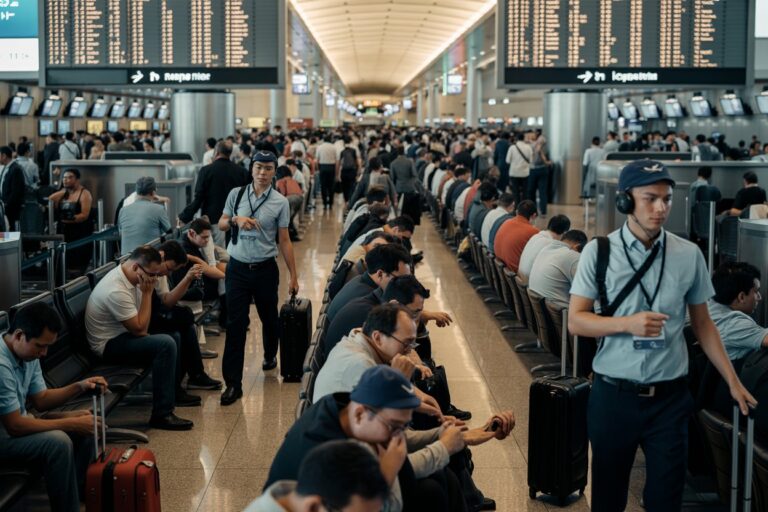 Crowded airport terminal with travelers seated and standing, luggage beside rows of seats under large departure boards.